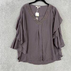 Spense Top Women's L Gray Embellished Studs Polyester V Neck Flowy Bell Sleeve